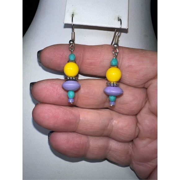 Pastel Wooden Bead dainty Dangle Earrings - Picture 3 of 6
